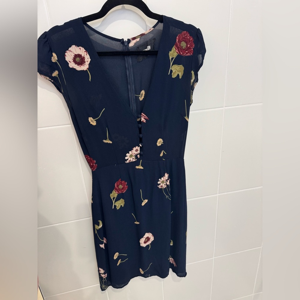 Reformation Navy Floral V-Neck Mini Dress